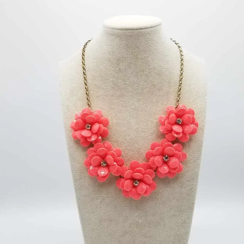 J Crew Coral / Orange Resin Floral Necklace with Crystals